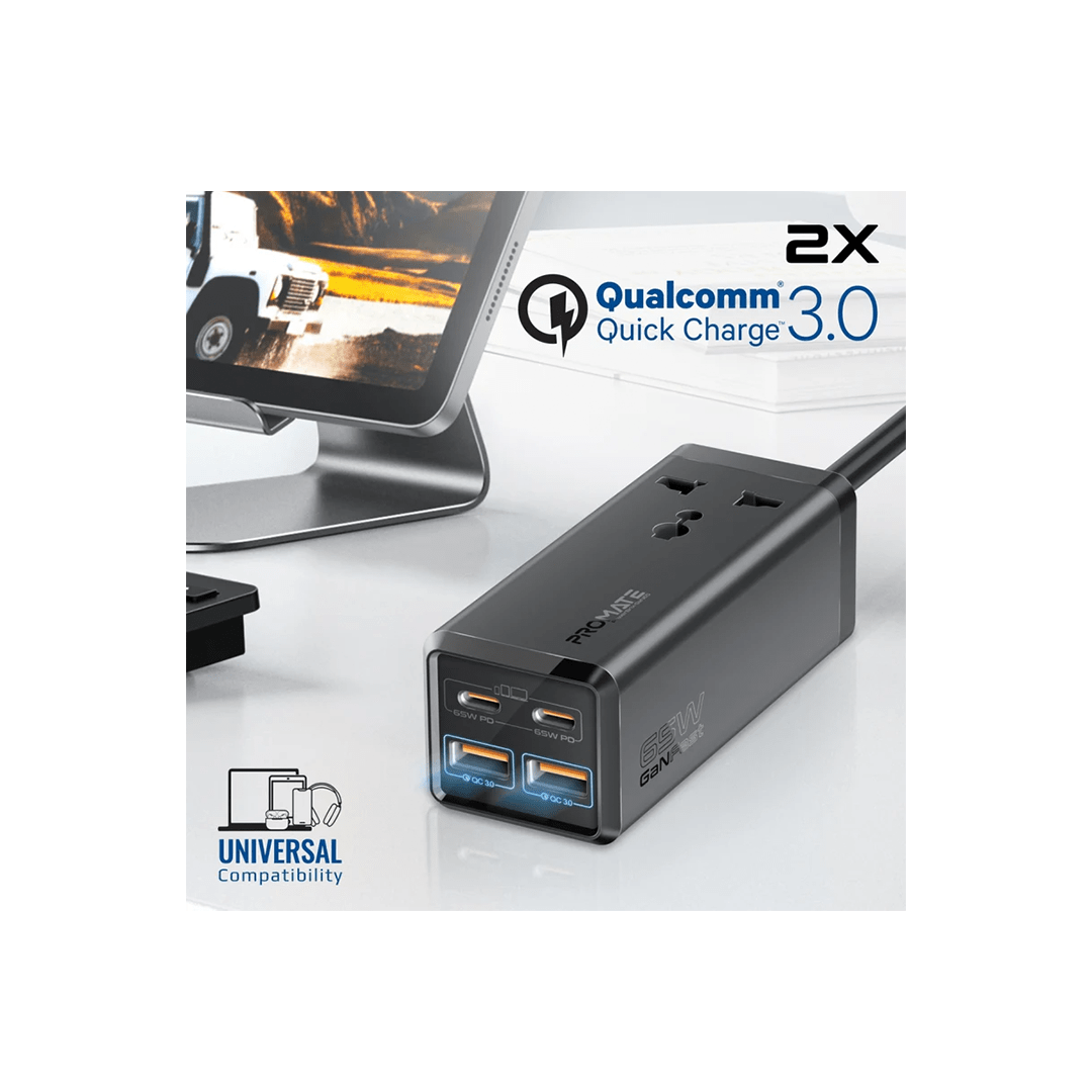 Promate PowerBrix-GaN65 65W GaNFast™ Multi-Port Power Strip with Universal AC Socket in Qatar Promate PowerBrix-GaN65 65W GaNFast™ Multi-Port Power Strip with Universal AC Socket in Qatar